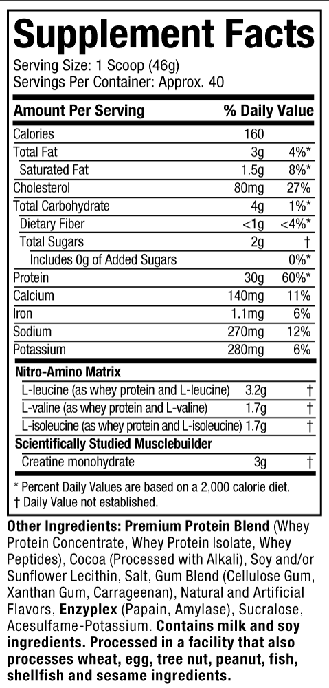 Supplement Facts: Nitro Tech Whey Protein - Milk Chocolate