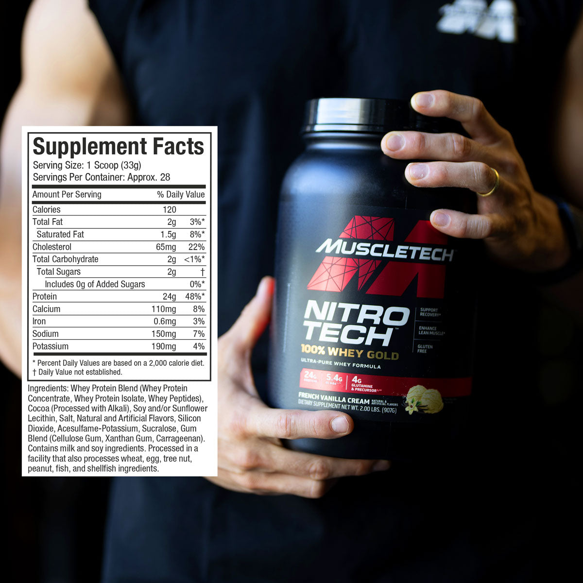 MuscleTech Nitro-Tech 100% Whey Gold supplement facts panel showing 1 scoop (33g) per serving with 24g protein, 120 calories, 2g fat, and 2g total carbs. Includes 65mg cholesterol, 110mg calcium, 0.6mg iron, 150mg sodium, and 190mg potassium. Features a high-quality whey protein blend of whey concentrate, isolate, and peptides, plus cocoa, lecithin, natural and artificial flavors, and sweeteners like sucralose and acesulfame-potassium. Designed for muscle support and fast recovery.