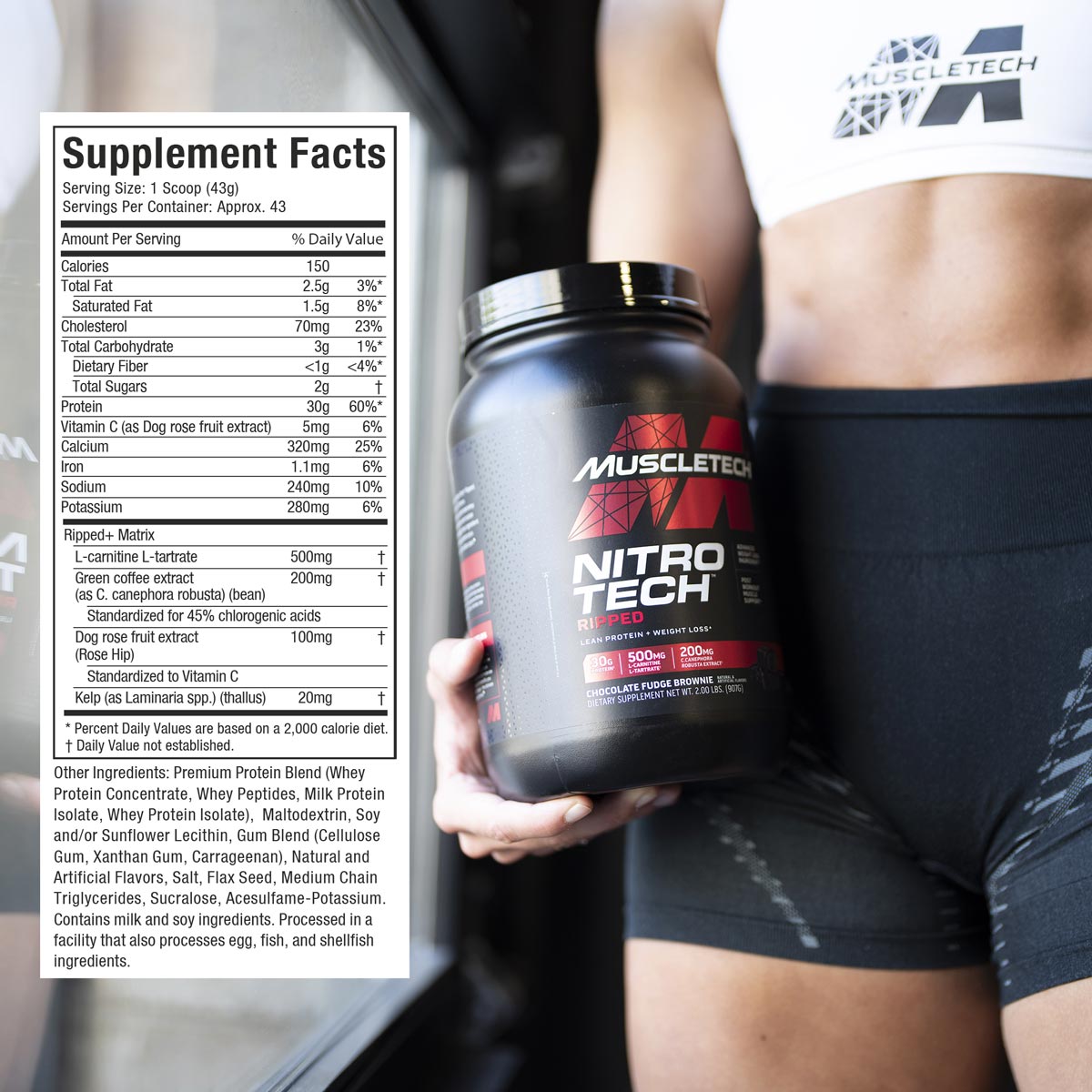 MuscleTech Nitro-Tech Ripped supplement facts label. Each 1-scoop (43g) serving provides 150 calories, 2.5g total fat (1.5g saturated), 3g total carbohydrate (2g sugars, <1g fiber), and 30g protein. Includes 5mg Vitamin C, 320mg calcium, 1.1mg iron, 140mg sodium, and 280mg potassium. Features Ripped+ Matrix with 500mg L-carnitine L-tartrate, 200mg green coffee extract (standardized to 45% chlorogenic acids), 100mg rose hip extract (standardized to Vitamin C), and 20mg kelp. Contains a premium protein blend 