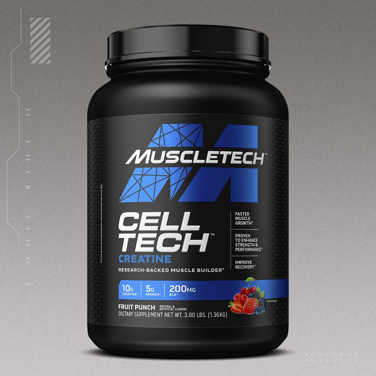 Product image of MuscleTech CellTech Creatine Fruit Punch flavor, highlighting 10g creatine, 5g aminos, and 200mg ALA per serving.