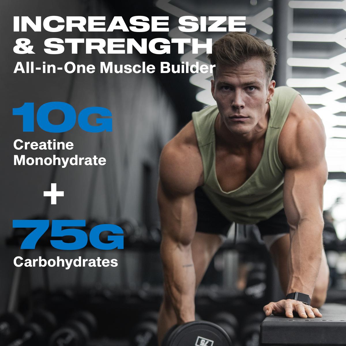 Muscular man performing dumbbell rows in a gym, overlaid with text promoting 10g creatine monohydrate and 75g carbohydrates.


