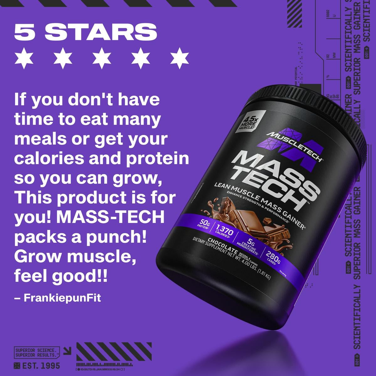 Customer review graphic for MassTech Chocolate with a 5-star rating praising its calorie and protein density for muscle growth.