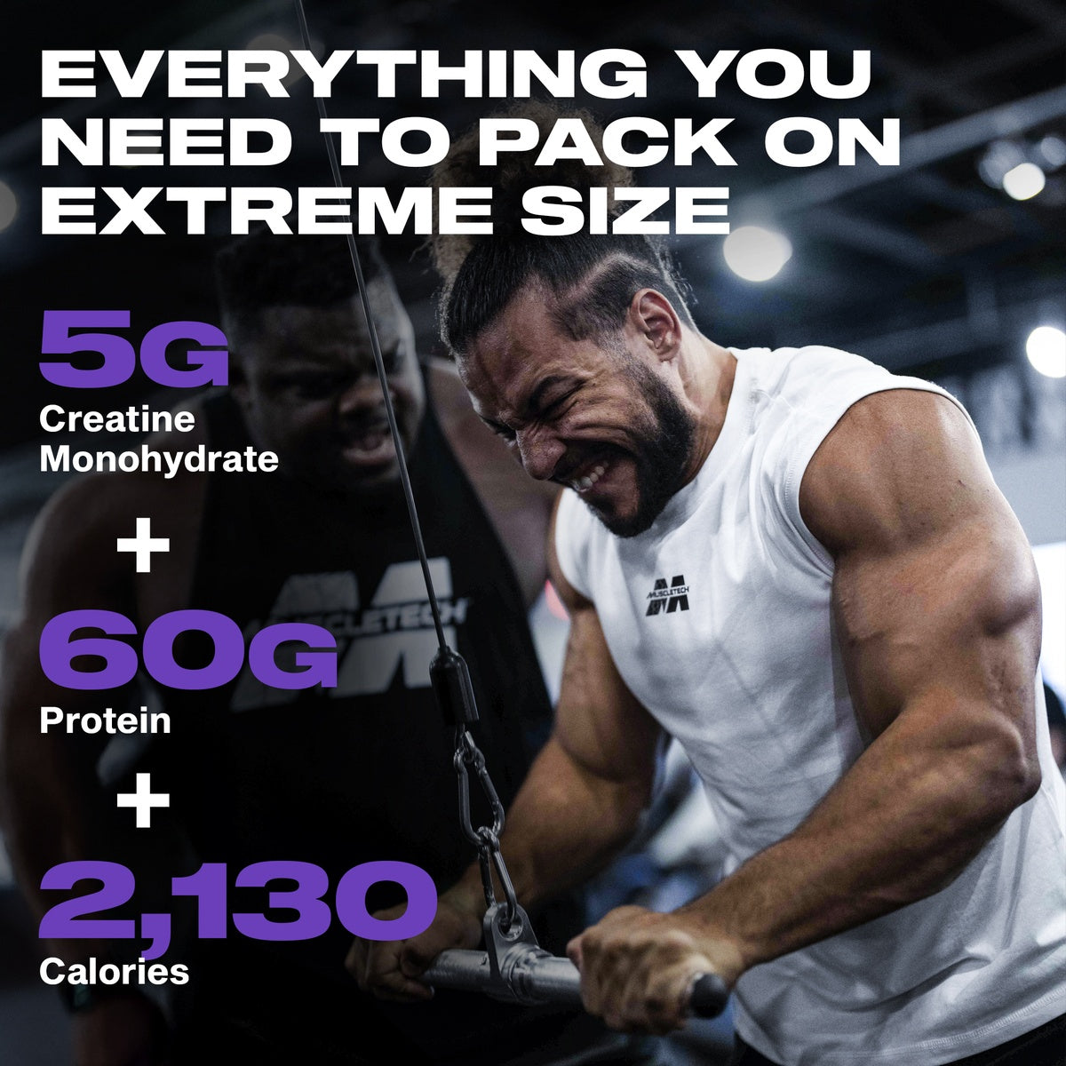 Bodybuilder training with cable row exercise wearing a MuscleTech tank, highlighting 5g creatine monohydrate, 60g protein, and 2,130 calories per serving to support extreme muscle growth.