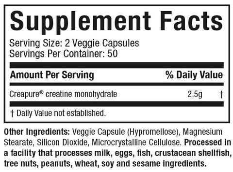 Supplement Facts: Platinum 100% Creatine Capsules - 100 Veggie Capsules